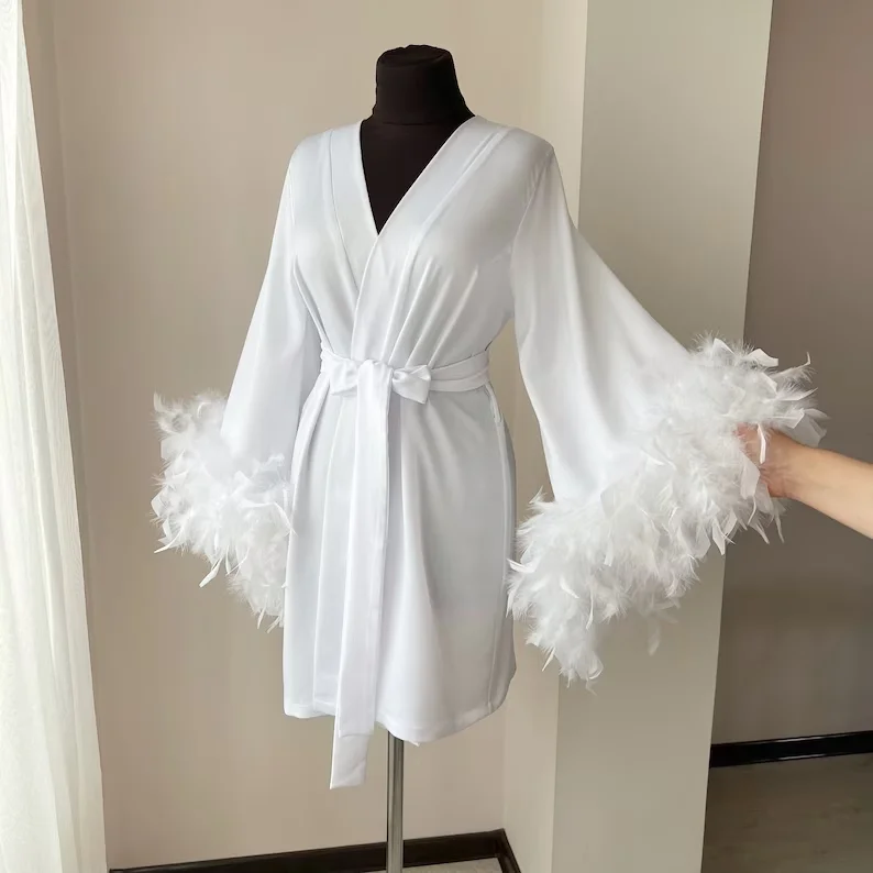 

White Boudoir Wedding Satin Dress Solid Kimonos Robe with Feathers for Women Silk Robe Bridal Dressing Gown Bridesmaid Gift