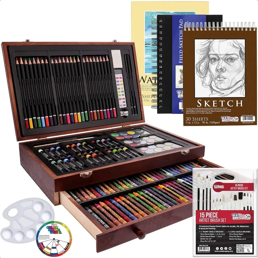 

U.S. Art ply 162Piece Deluxe Mega Wood Box Art Painting and Drawing Set Artist Painting Pad 2 Sketch Pads 24 Watercolor Paint C