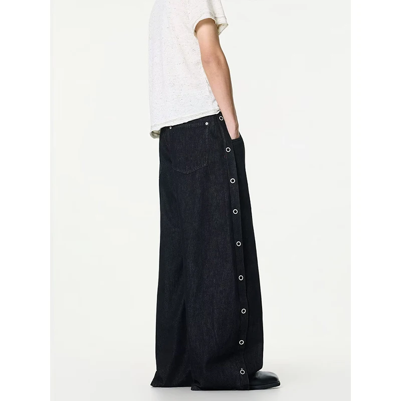 High Street Button Side Eyelet Scythe Cut Deconstructed Silhouette Raw Denim Men's Jeans Versatile Casual Denim Trousers