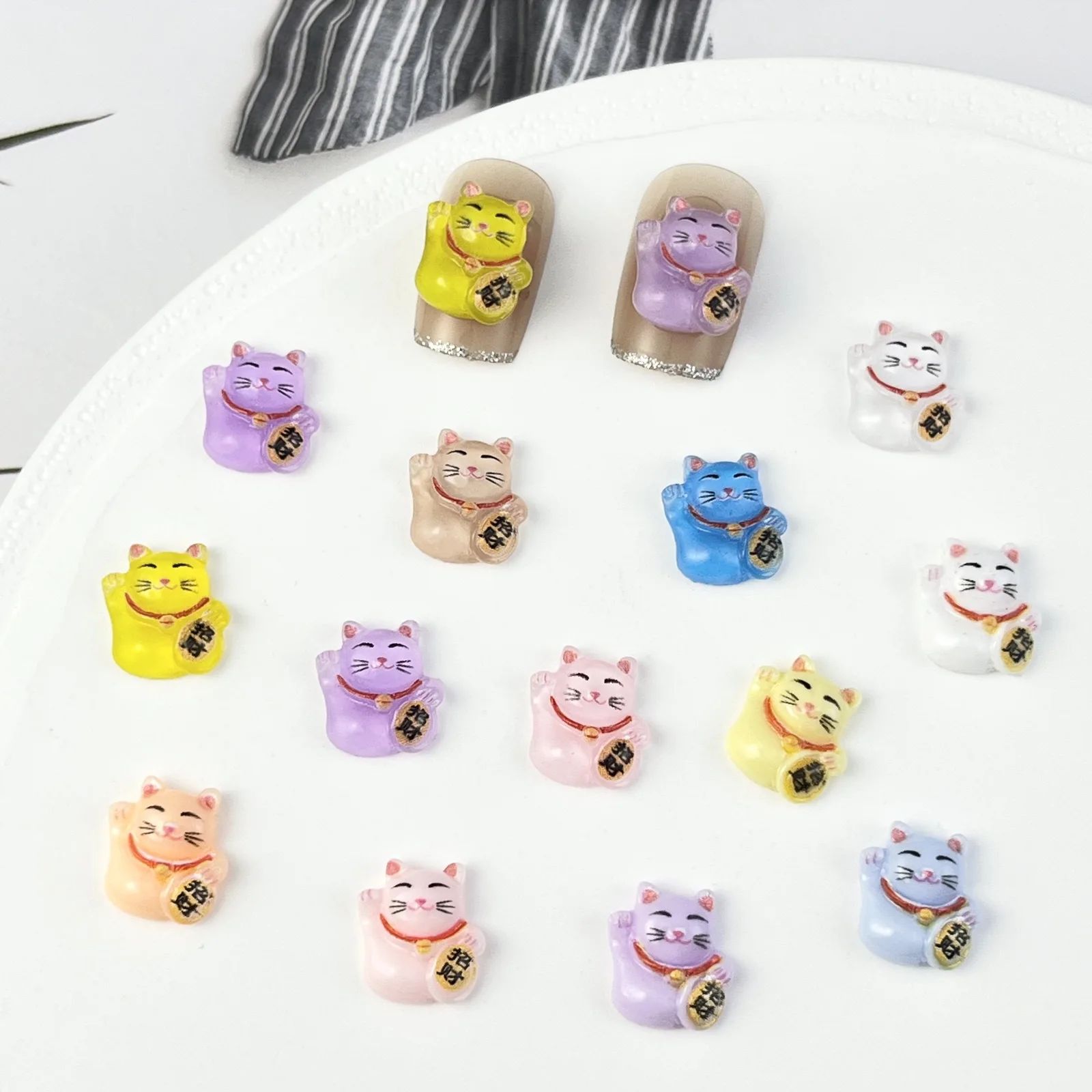 20pcs miniso wealth cat cartoon nail charms for diy nail making cute mini resin flatback nail art decoreation