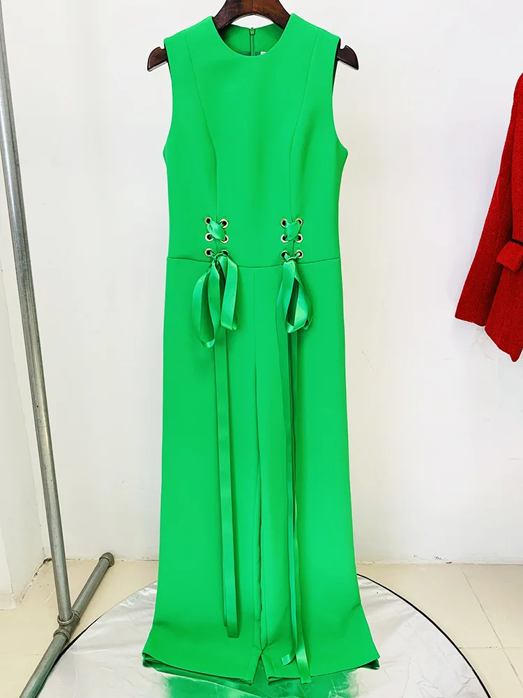 QMQA Fashion Women's Jumpsuit Green White Ribbon Lace Up Sleeveless Wide Leg Ladies Wedding Wear Jumpsuits 2025 New 1A703