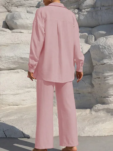 Imagen 2 del producto Conjunto de dos piezas de camisa y pantalones de pierna ancha con lazo frontal y botones lisos para mujer, blusa informal de manga larga con hombros caídos, Top y pantalón