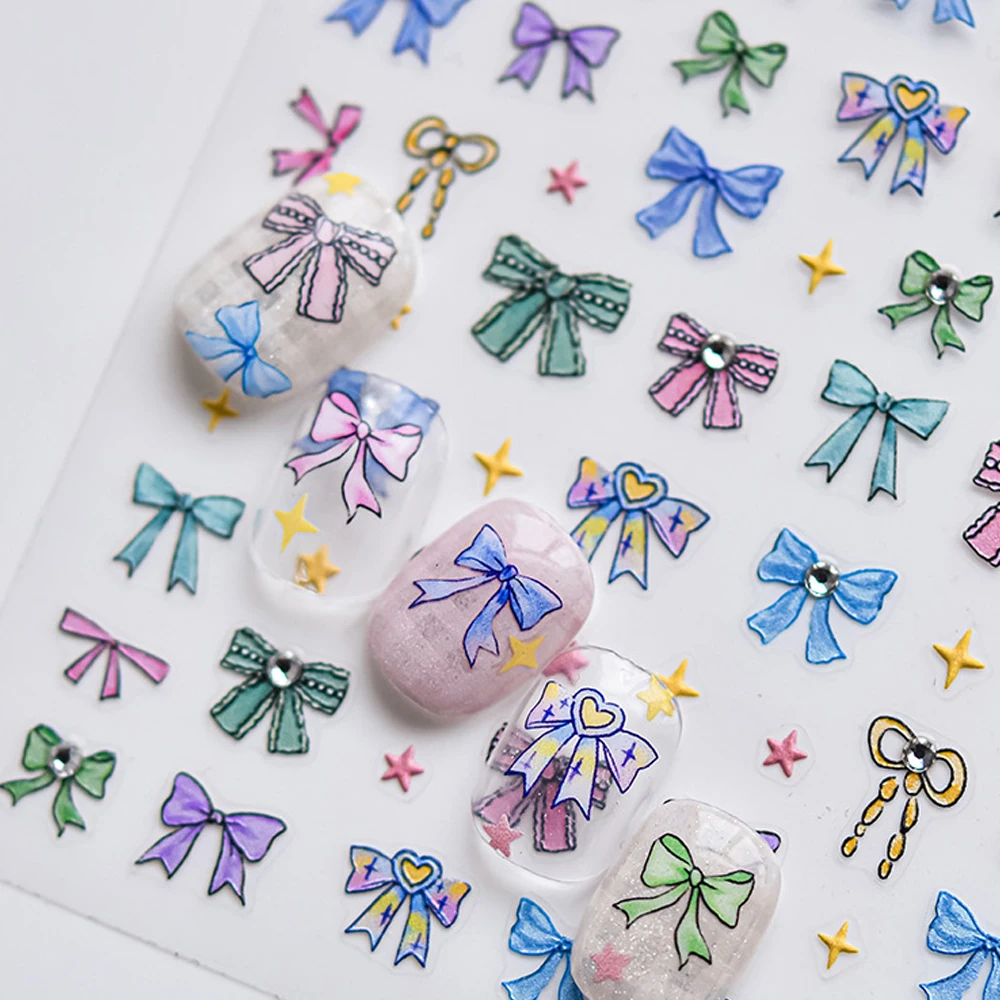 5D bunte Schleife Nail Art Aufkleber Schleife künstlerische Band Krawatte Glitzer Sterne schimmernde Strass selbstklebende Maniküre Aufkleber