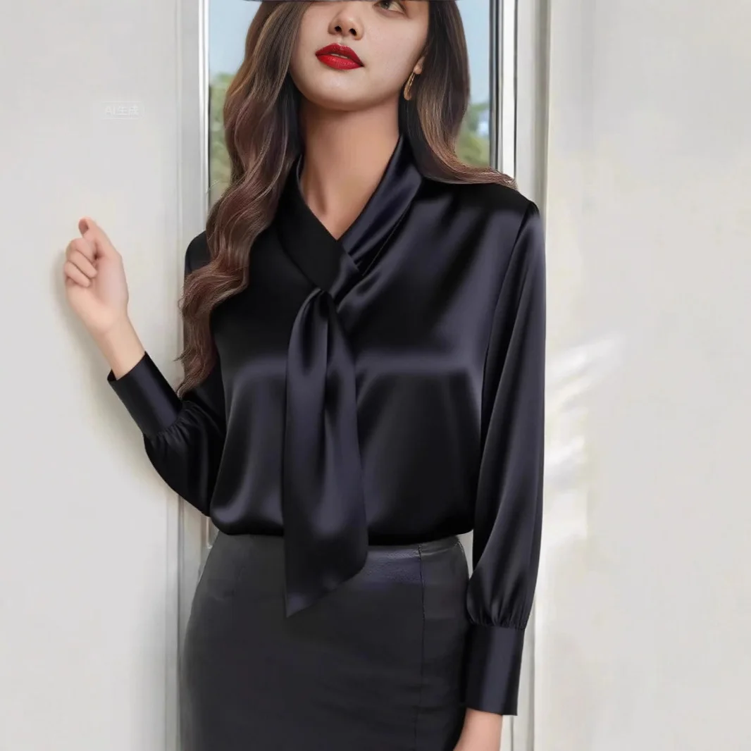 Women's Elegant Tie Neck Solid Color Chiffon Shirt Commuter Slimming Draped High End Daily Comfortable Casual Long Sleeve Blouse