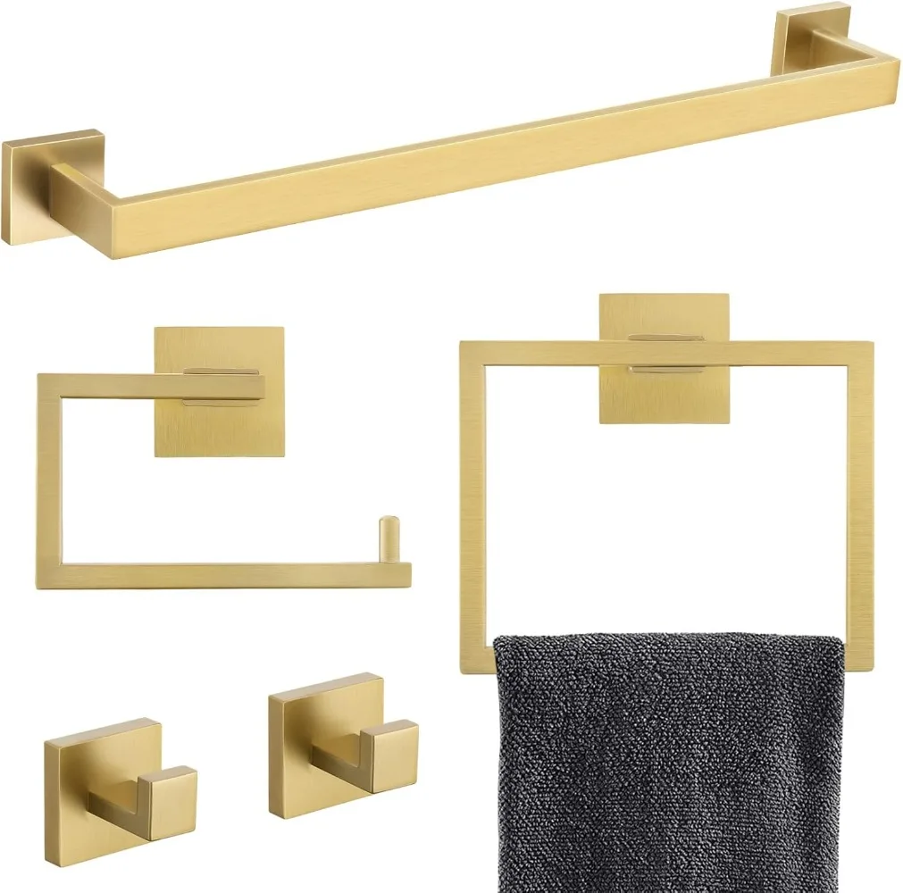 YACVCL 5-Piece Bathroom Hardware Accessories Set 23.6 in Brushed Gold  Bar Towel Rack Sets Modern Towel Ring Kit Stainless Steel