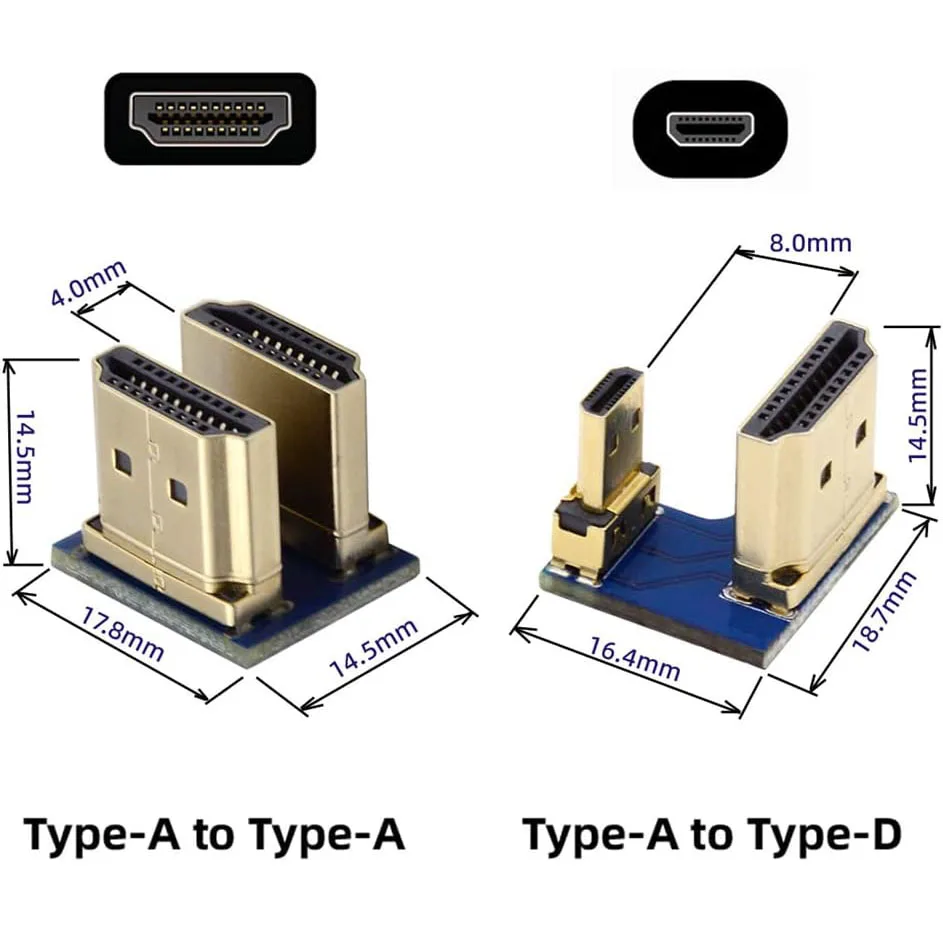 HDMI to Micro HDMI Type A to Type-D Male Connector Socket Opposite U Shape Back Angled for Raspberry PI 3B/3B+/4B