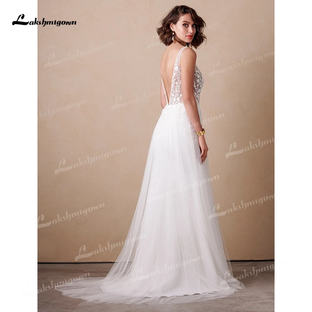 2025 Lakshmigown ด้านข้าง Slits ลูกไม้ V คอสายสปาเก็ตตี้ Backless Tulle ชุดแต่งงานสายสําหรับผู้หญิง 2025 ชุดเจ้าสาว CUSTOM M