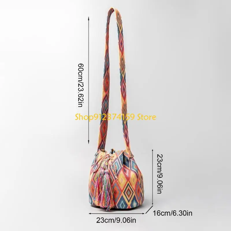 

G5AE Women Drawstring Bucket Bag Shoulder Bag Ethnic Styles Crossbody Bag Handbag