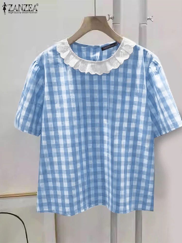 

ZANZEA 2025 Summer Woman Plaid Blouses Elegant Lace Peter-Pan Collar Short Sleeve Checked Blusas Mujer Casual Loose Smock Tops