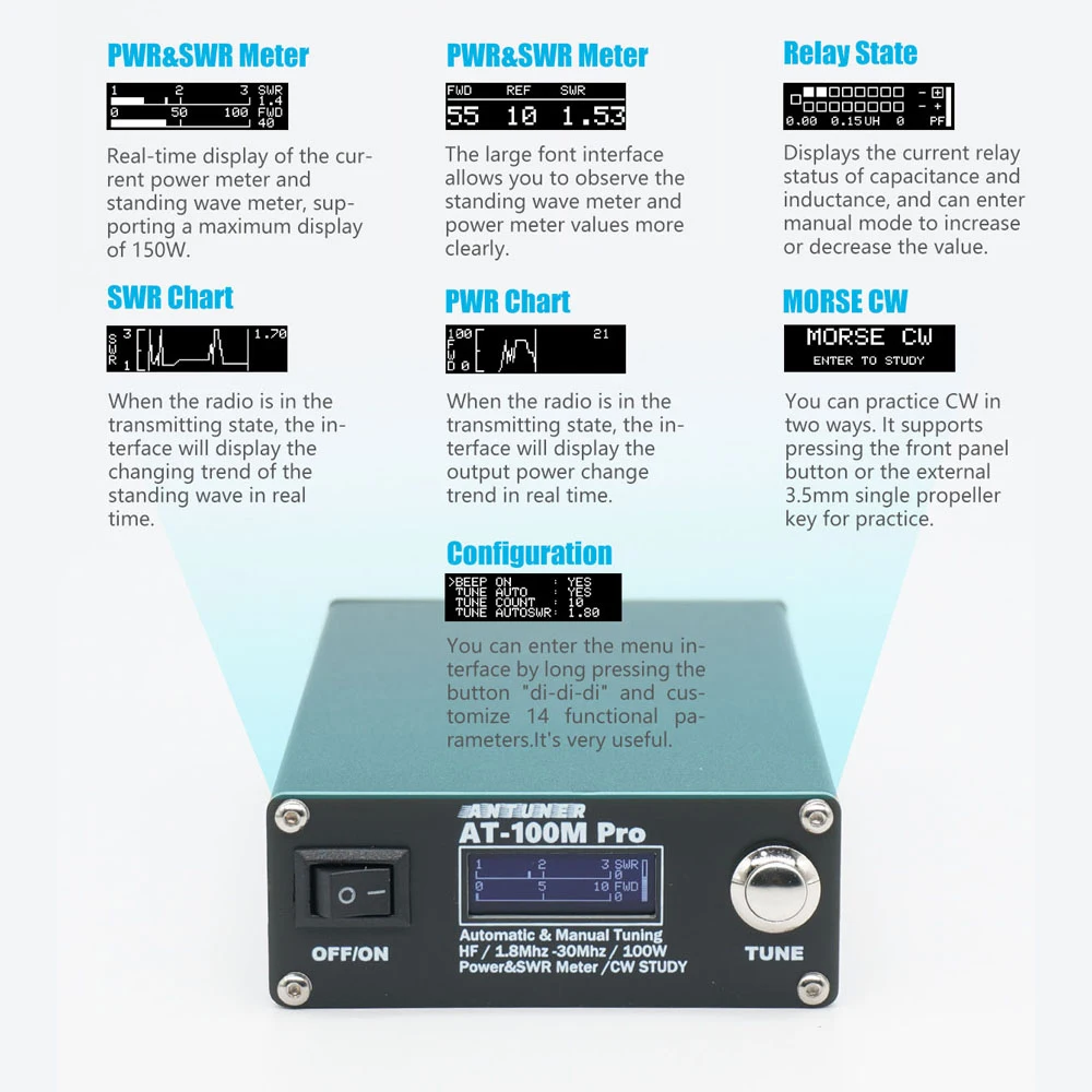 AT100M Pro Antenna Tuner 1.8Mhz-30Mhz Automatic Manual Tuning Device 100W Power & Standing Waves Meter Power Meter