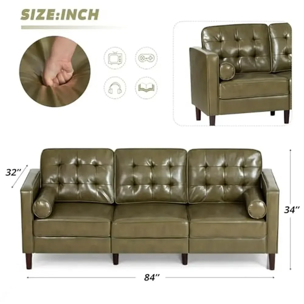 Luxury Leather Tufted Sofa 3-Seat Couch with Bolster Pillows Wooden Legs