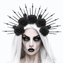 Women Gothic Spiked Headband Lady Bride Flower Crown for Halloween Party Supply Floral Garlands Crown Hair Skull Floral Headband