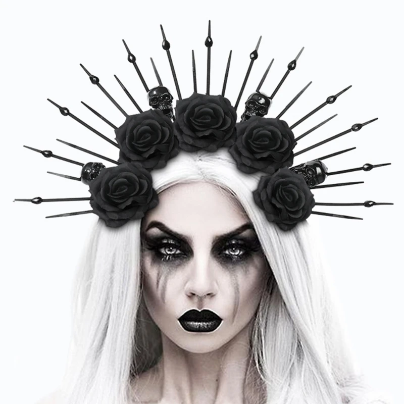 Damska gotycka opaska z kolcami Lady Bride Flower Crown na imprezę Halloween Dostarczanie kwiatowych girland Korona do włosów Czaszka Kwiatowa opaska na głowę