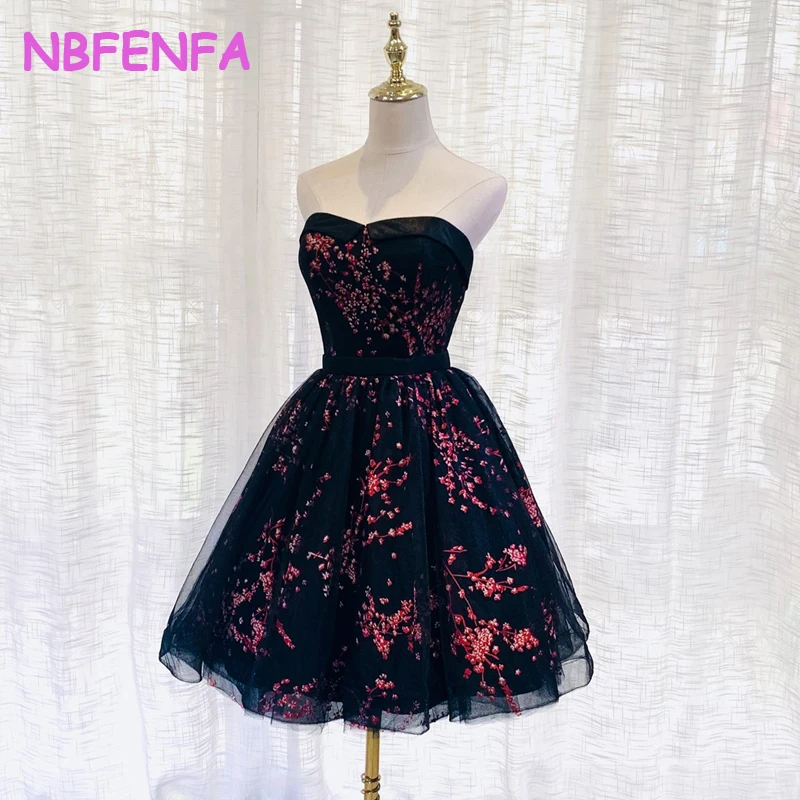 

NBFENFA Evening Dresses Black Tube Top Print Short Thin Birthday Party Skirt for Woman 2024 New Sexy Gown Vestido De Festa