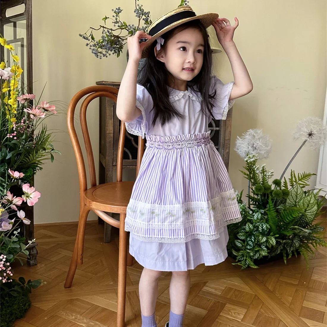 2025 Bowknot Striped Handmade Dresses for Embroidery Smocked Girls Children Lapel Collar Lace Purple Birthday Clothes