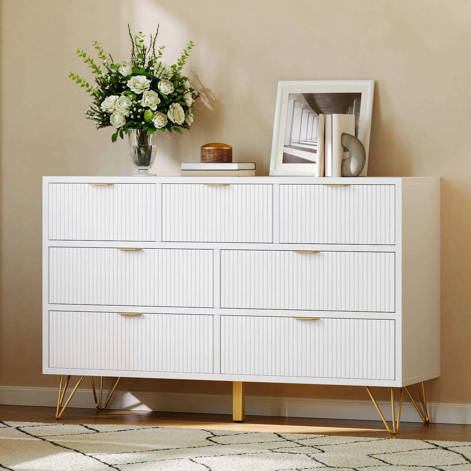 GarveeLife Modern 7-Drawer Wide Dresser, 47.2 in Wood Chest of Drawers - White Finish - Gold Metal Legs & Handles - Narrow Long Storage for Bedroom, Living Room, Hallway, Entryway