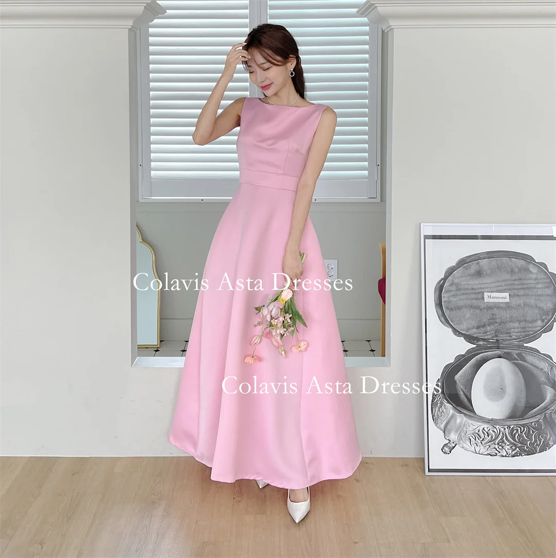 Colavis Asta Korea Boat Neck Evening Dresses 웨딩드레스  Satin Sleeveless Ankle Length Customized A-Line Prom Gowns Plus Size