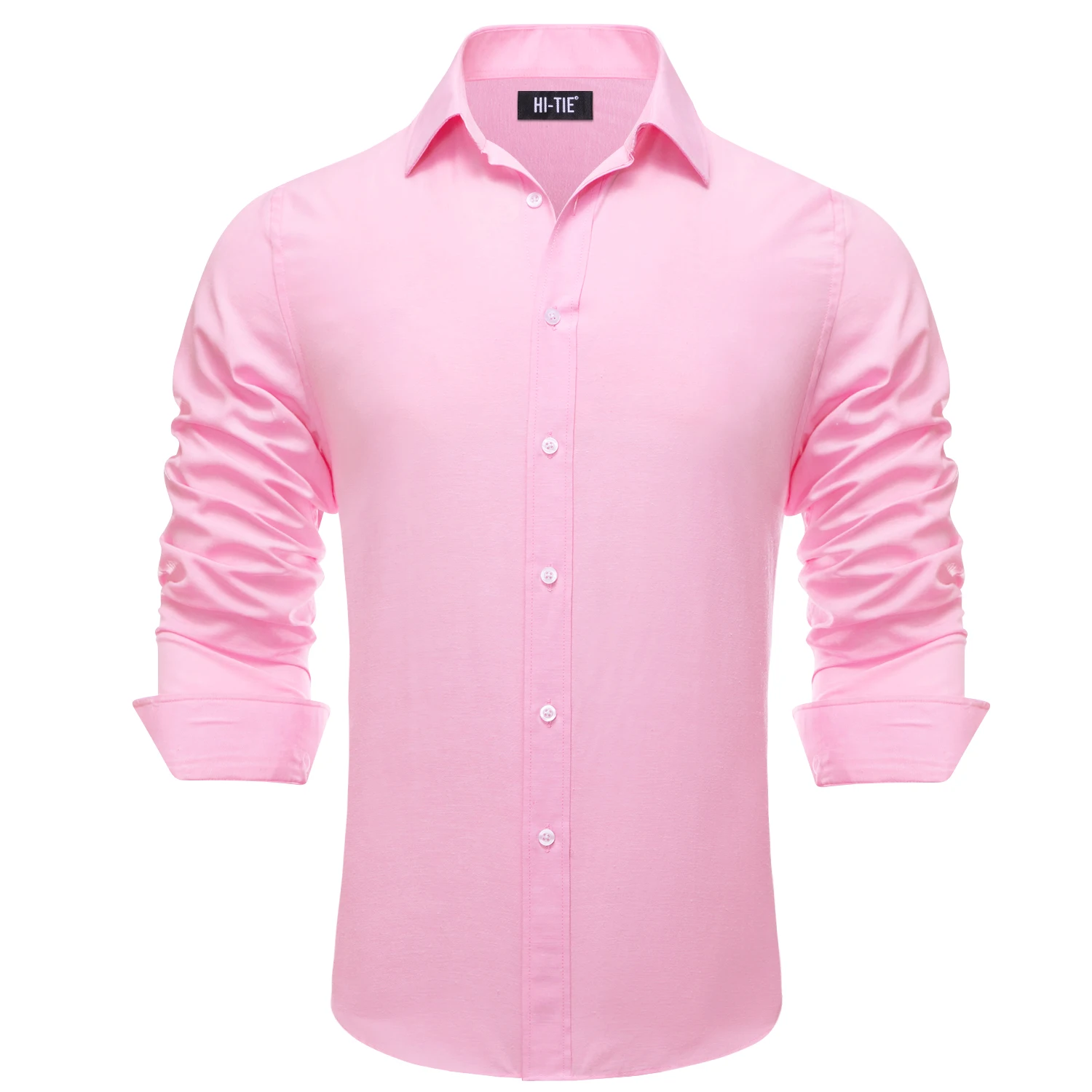 Hi-Tie Wedding Pink Men\'s Silk Shirts Classic Lapel Collar Solid Long Sleeve Dress Shirt Soft Blouse Male Wedding Business Gifts