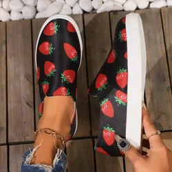 2024 Women's Casual Shoes  Large Size, Flat Leisure Canvas with Strawberry & Soccer Ball Design