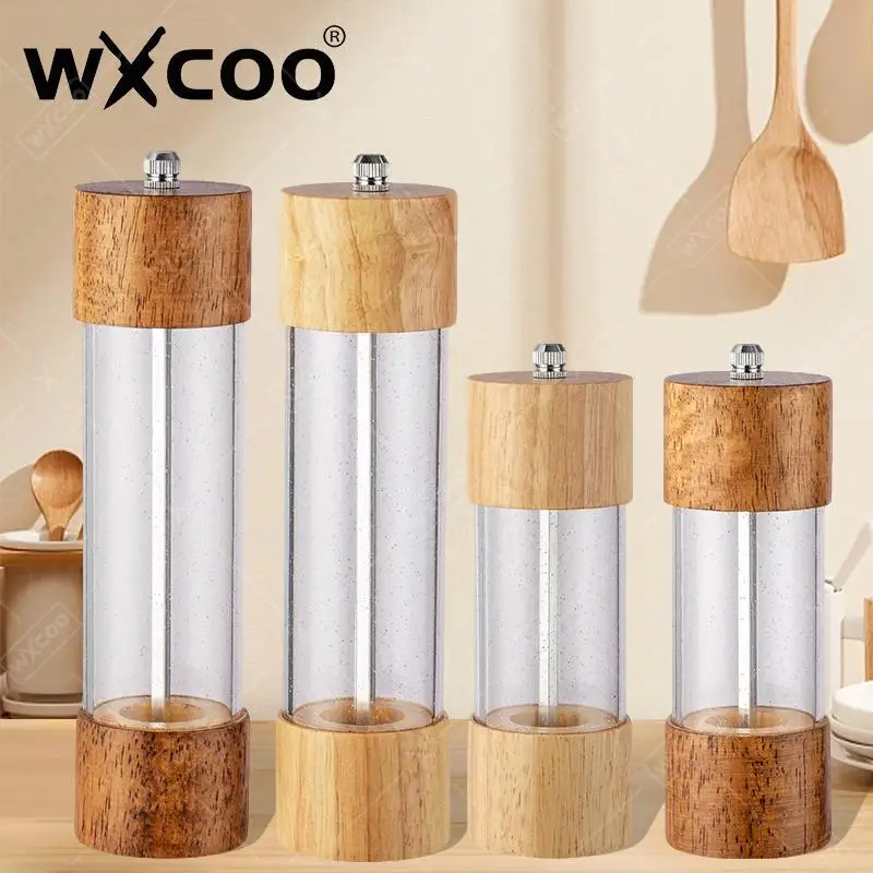 WXCOO 6/8inch Manual Wood Pepper Grinder for Salt Spices Adjustable Ceramic Pepper Grinder Tool Acrylic Sea Salt Grinding Bottle