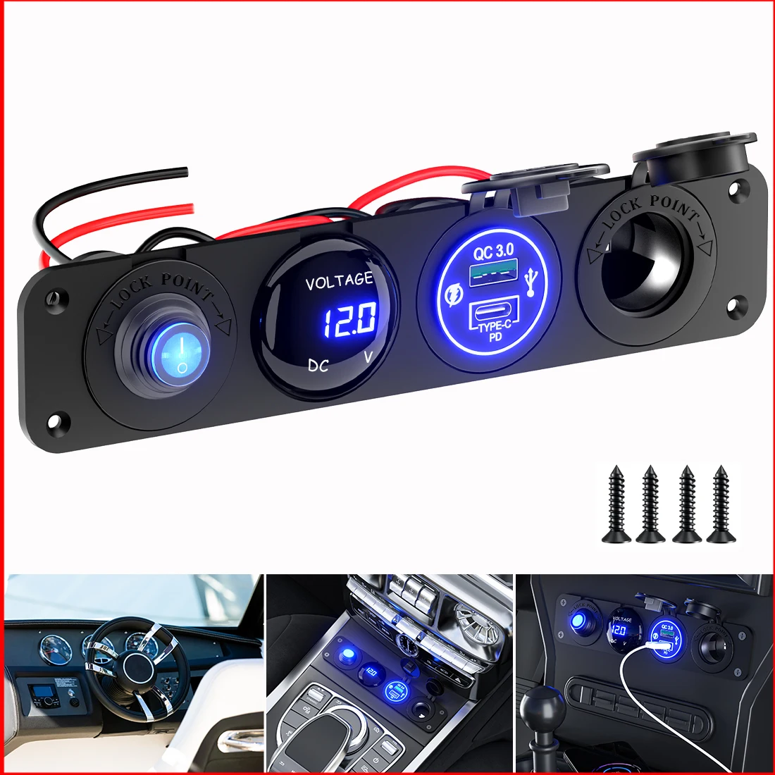 PSEQT 12V Dual USB Charger Panel Socket 4 in 1 with Rocker Switch Car Cigarette Lighter Digital Voltmeter for Car Boat Truck RV