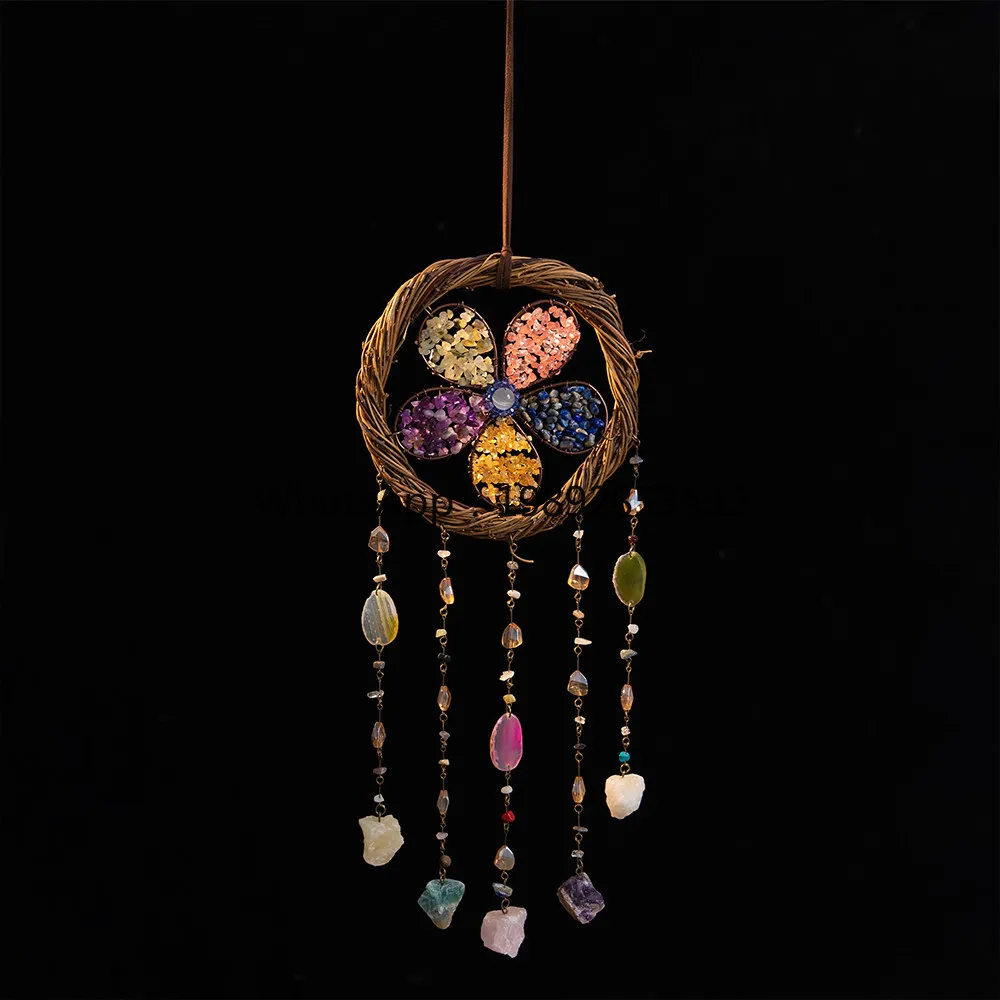 Retro style hand-woven rattan ring pendant colored crystal gravel sunshine catcher creative decorative pendant