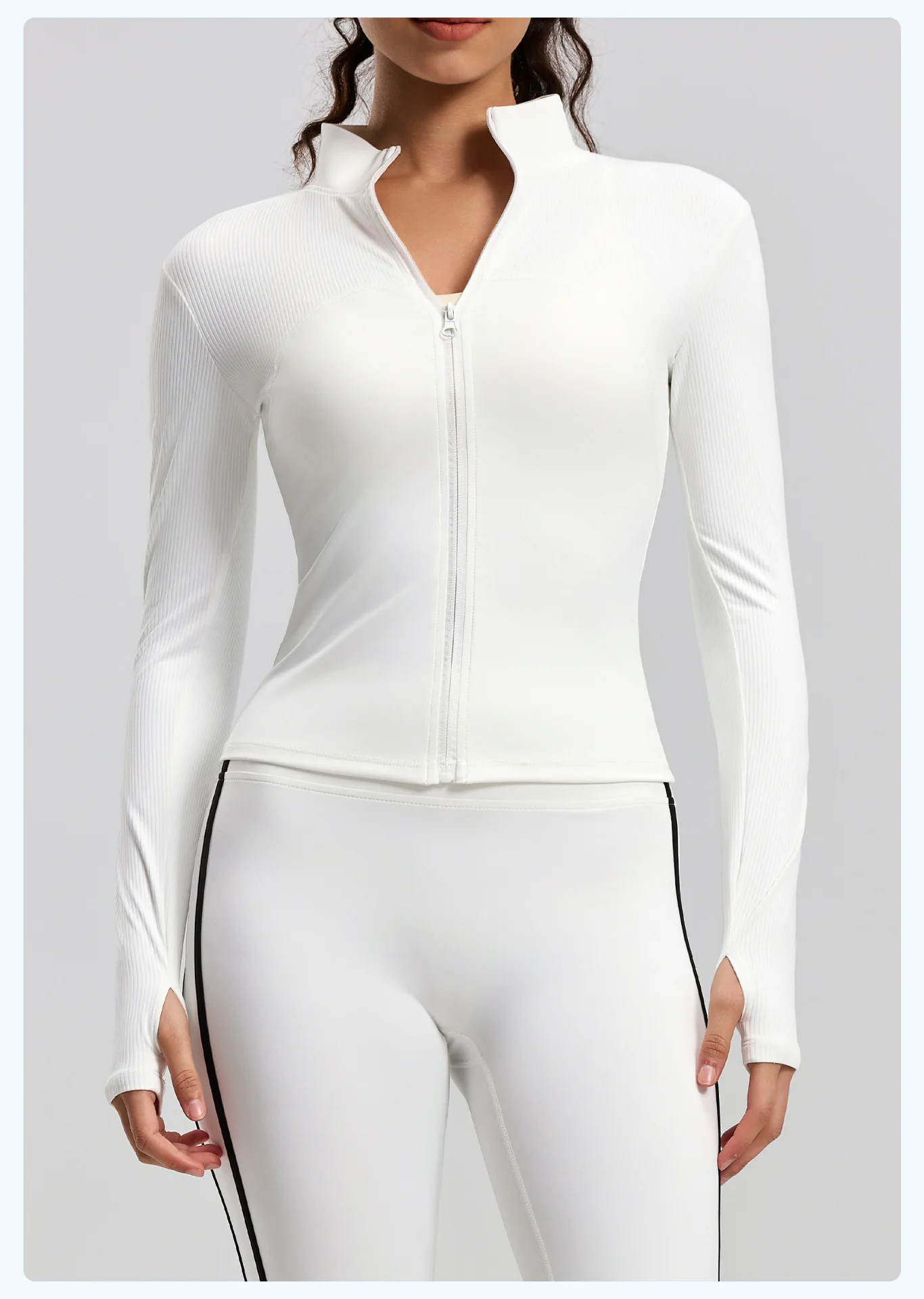 Women Slim Fit Ribbed Yoga Jacket Full Zipper Stand Collar Long Sleeve Thumb Hole High Elastic Outdoor Running Fitness Sports