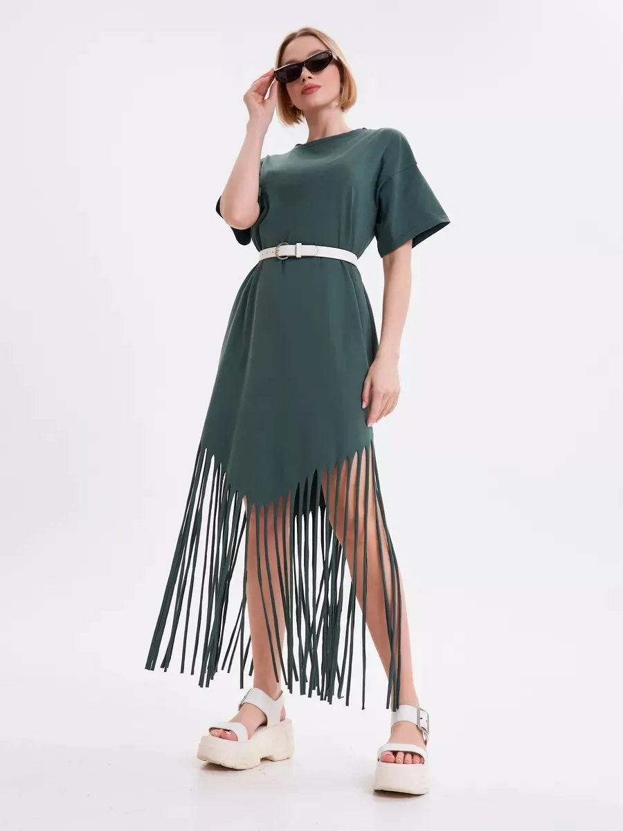 タッセルドレス レディース ルーズTシャツ ロングスカート ワンピース パーティードレス 女性用 新作ワンピース Y2Kファッション フリンジ付きドレス