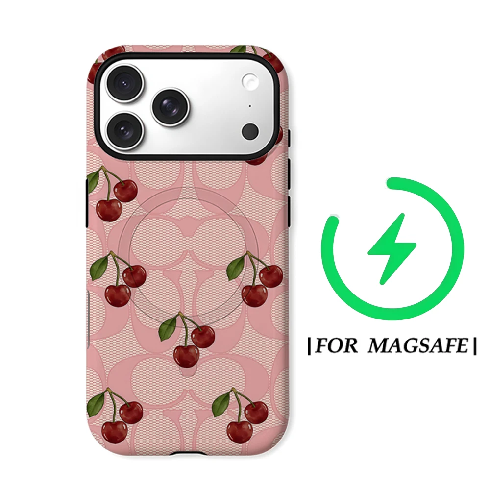 Roze Mesh Cherry Telefoonhoesje voor Magnetische telefoonhoes voor IPhone 17 16 15 14 13 Pro Max Plus Enkele dubbellaagse stoere hoes