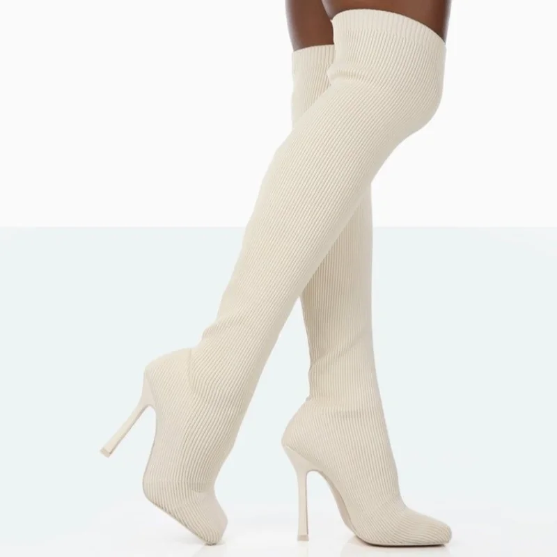 2022 New Stiletto Square Toe Boots Knitted Elastic Socks Boots High Heel Stovepipe Sleeve Over The Knee Boots Large 35-43