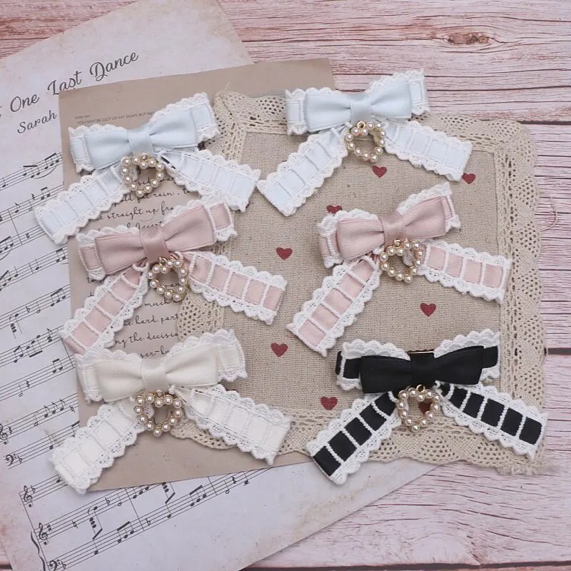 

Пара заколок для волос с бантом для женщин, милые боковые заколки с перекрещивающимися лентами и жемчужным сердечком, ручная работа, аксессуары для волос в стиле Лолита