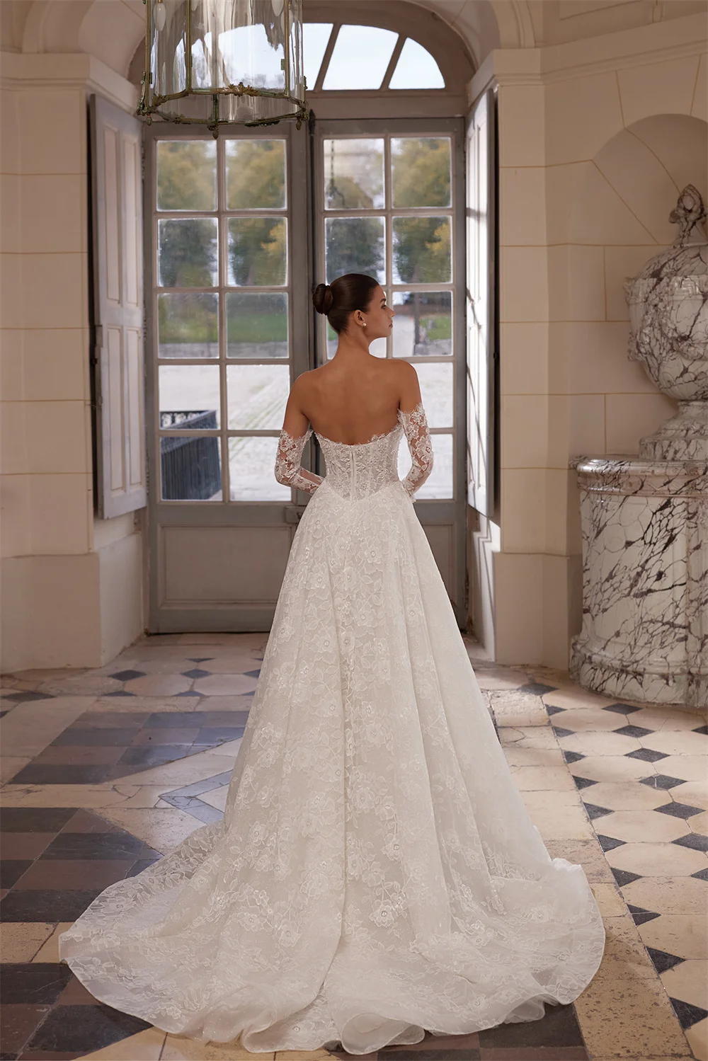 Tokyo White Elegant Lace A-Line Customized Wedding Party Off Shoulder Detachable Sleeves Bridal Gown Zip Back Wedding Gown 2026