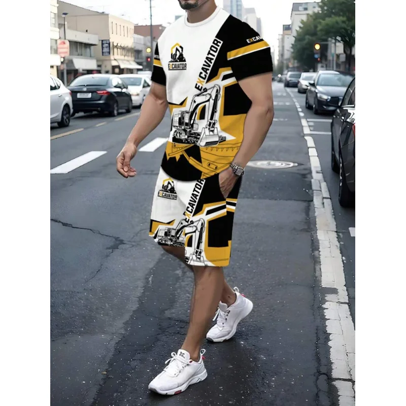 

Men's Summer Casual Set With Sketch Print Excavator Design, Crewneck T-Shirt And Matching Shorts With Pocket Two-Piece Set