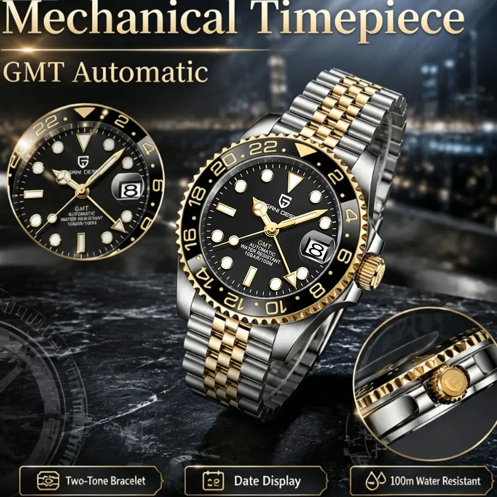 New PAGANI DESIGN Top Brand GMT Mens Wristwatch Sapphire Glass Automatic Men's Watch 100M Waterproof 40mm Men Mechanical Watches