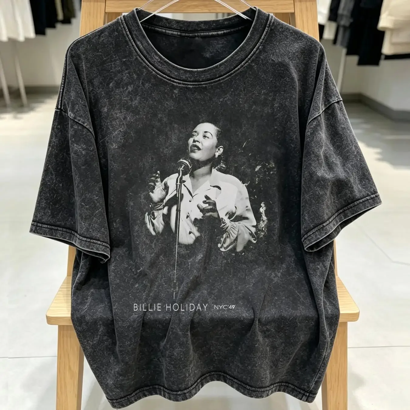 washed T Shirt Billie Holiday For Fan Black All Size HE1131 vintage Washed Versatile homme Top For Everyday Wear Slightly