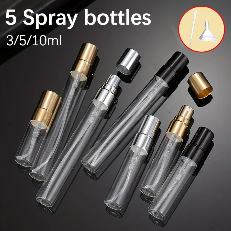 5pcs, 3ml/5ml/10ml spray bottle, transparent refillable perfume glass bottle, including 5 spray bottles, 1 dropper and 1 funnel