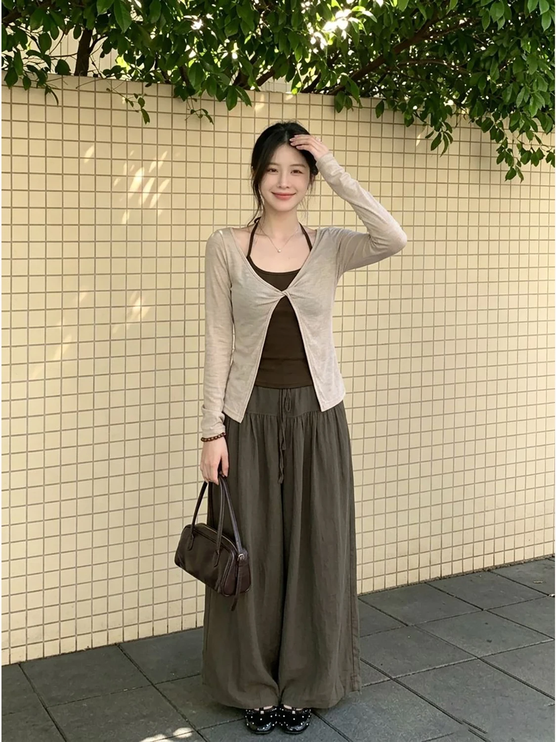 Korean Style Lazy Women's Sun Protection Set Early Autumn Hanging Neck Vest Outer Twist Long Sleeve Cover up Top Two-Piece Set