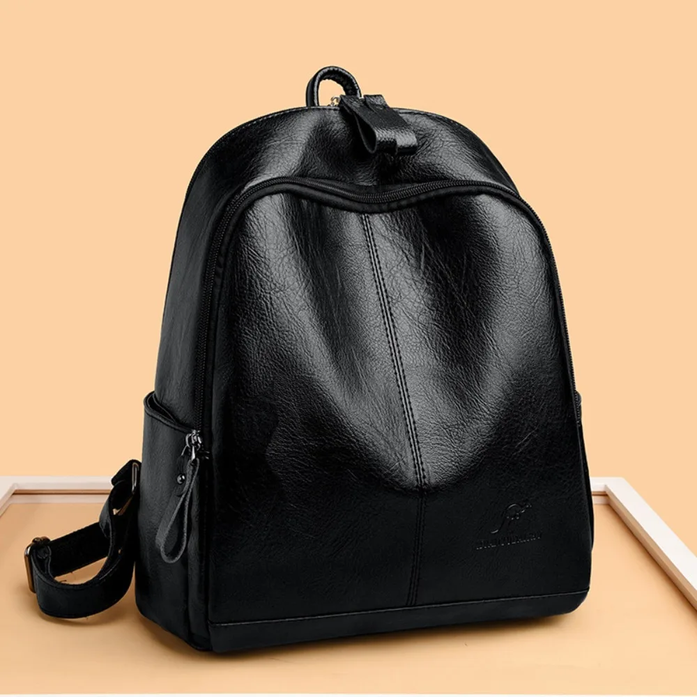 PU leather casual women's double shoulder bag, large capacity, soft leather, lightweight, water-resistant, travel backpack