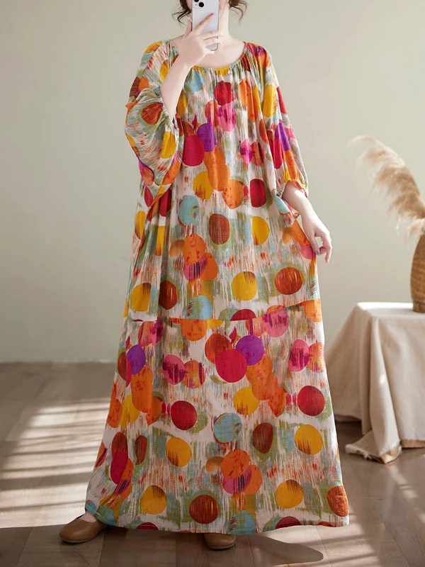 

Длинное платье длиной до колена в горошек с запахом из хлопка и льна с принтом Свободное утягивающее праздничное платье-фонарь Све Dr