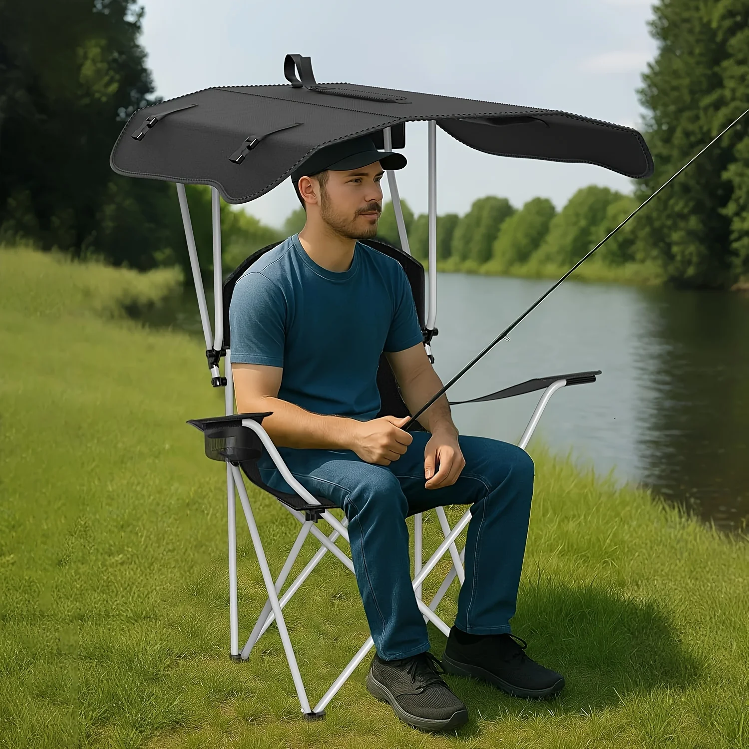 Portable folding fishing chair with sunshade - equipped with cup holder, portable and lightweight design, suitable for beaches image 6