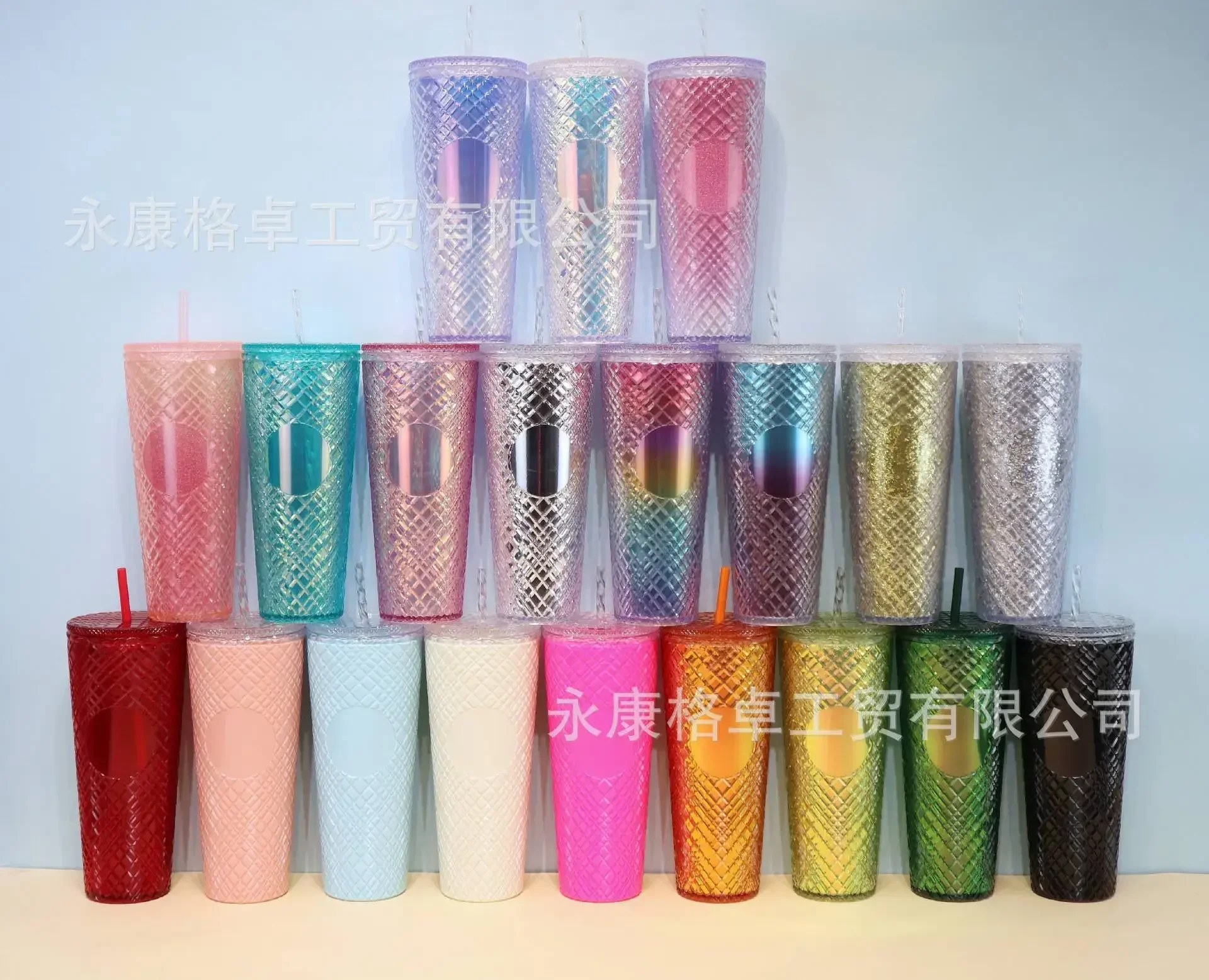 710ml Diamond Radiant Straw Cup with Lid Summer Cold Water Cup Tumbler with Straw Double Layer Plastic Durian Coffee Mug Gourde