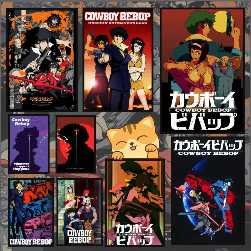 Póster clásico de anime japonés cool C-Cowboy Bebop, tema de Anime HD, cantante/OST/película, autoadhesivo impermeable para decoración del hogar