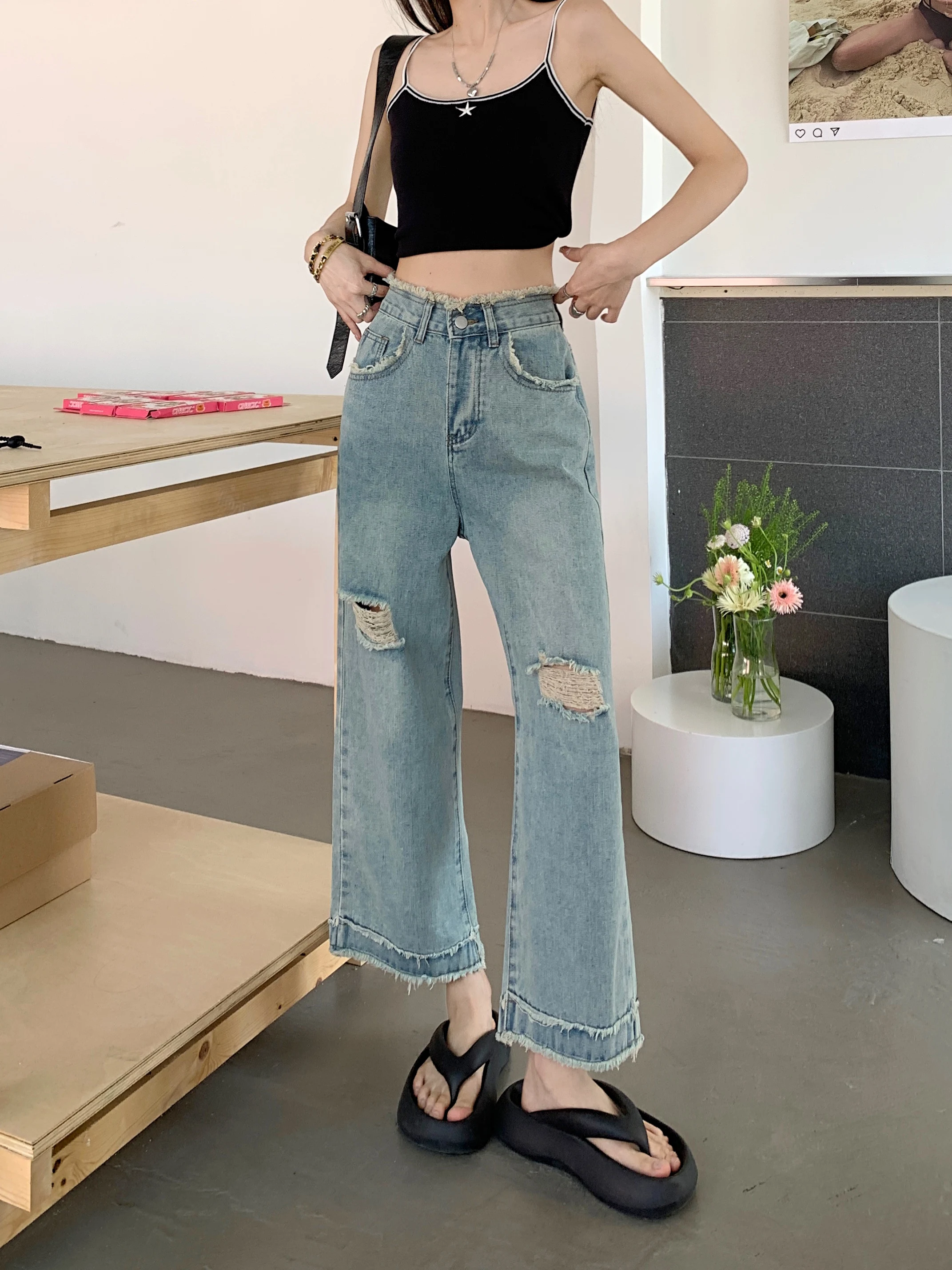 Thin Worn-out Jeans for Women Early Autumn 2023 High Waist Straight Loose Raw Edge Wide Leg Cropped Denim Pants Korea Streetwear