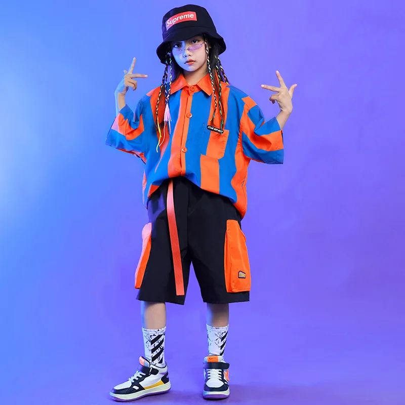 Conjunto de baile de Hip Hop de manga corta a rayas para niños, trajes de espectáculo escénico para niños, ropa de espectáculo de equipo contrastante con costuras para niñas