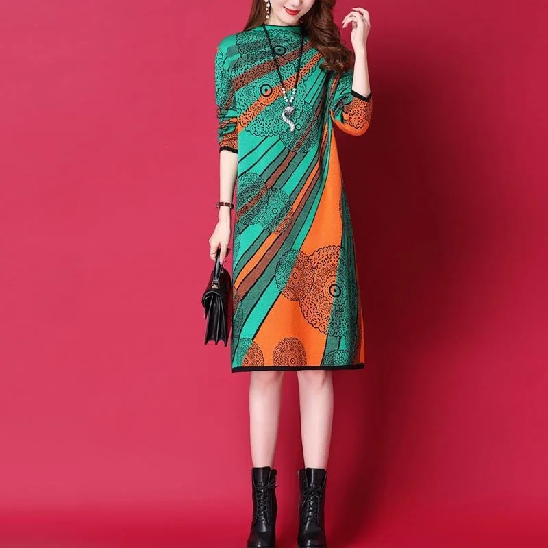 

Knitted Dress Women2025Hot-selling Autumn and Winter Fashionable Elegant -sleeve High-end Long Over-the-knee Floral Loose Sw