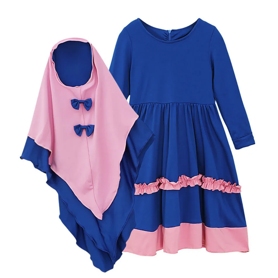 Muslim Girl Spring Autumn Collection Kids Elegant Long Sleeve Dress with Bow Headscarf Children Two-piece Set for Modest Fashion