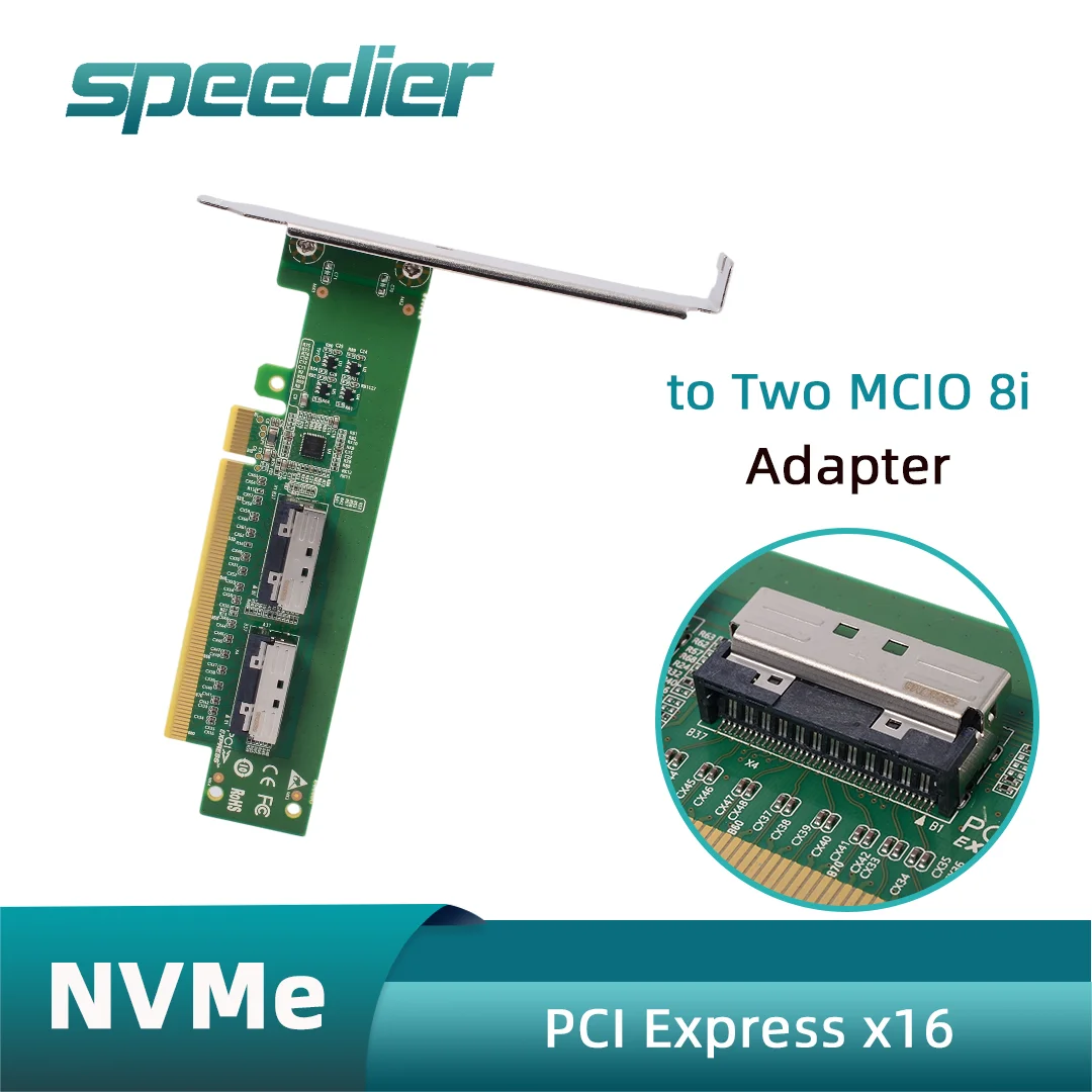 PCIe 5.0 x16 to Dual MCIO 8i Adapter Card Gen5 PCIe Splitting Required Expansion Card for High-Speed NVMe SSD Server Workstation