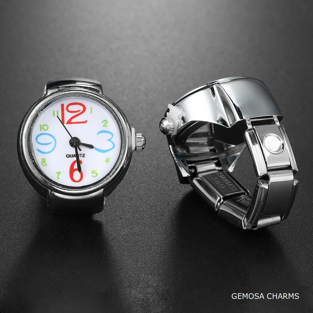 GEMOSA Trendy Finger Watch Round Stainless Steel Italian Charm Link CLassic Clock Roman Quartz Watch Ring Jewelry for Women Men