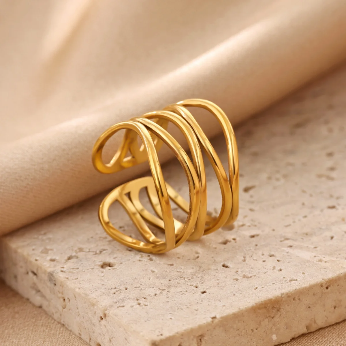 Women's Gold Plated Multi Layer Wavy Chunky Ring