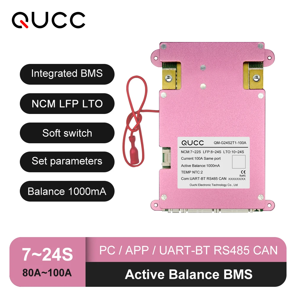 QUCC Active Balanced BMS 8S 12S 15S 16S 24S Cycles 80A 100A RS485 CAN Battery Management System LFP NCM Smart Batteries